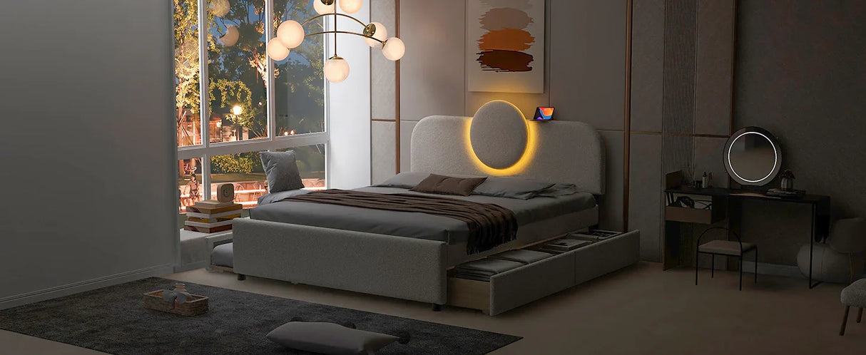 Queen Bed Upholstered Platform With Storage Drawers White - Furniture Home Direct