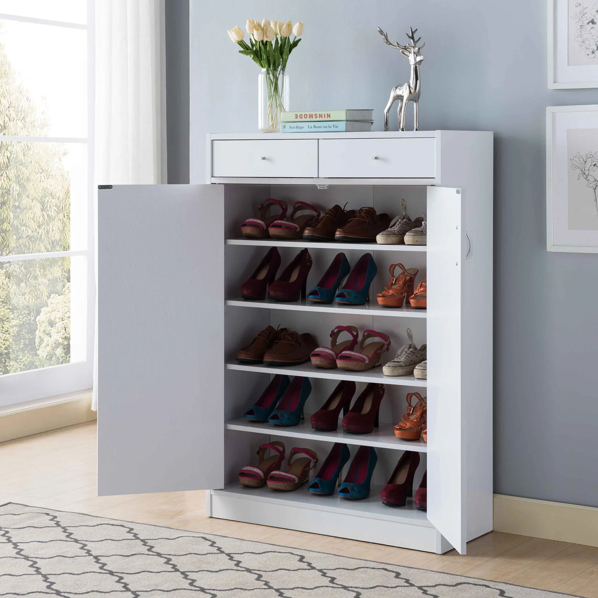 Shoe Storage Cabinet With Fives Shelves, Two Drawers, Fits 15 Pairs Of Shoes - Furniture Home Direct