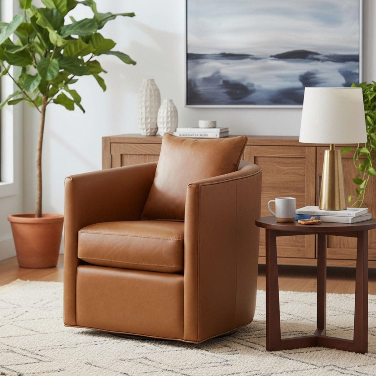 Top Grain Leather Swivel Accent Chair Brown 360 Degree